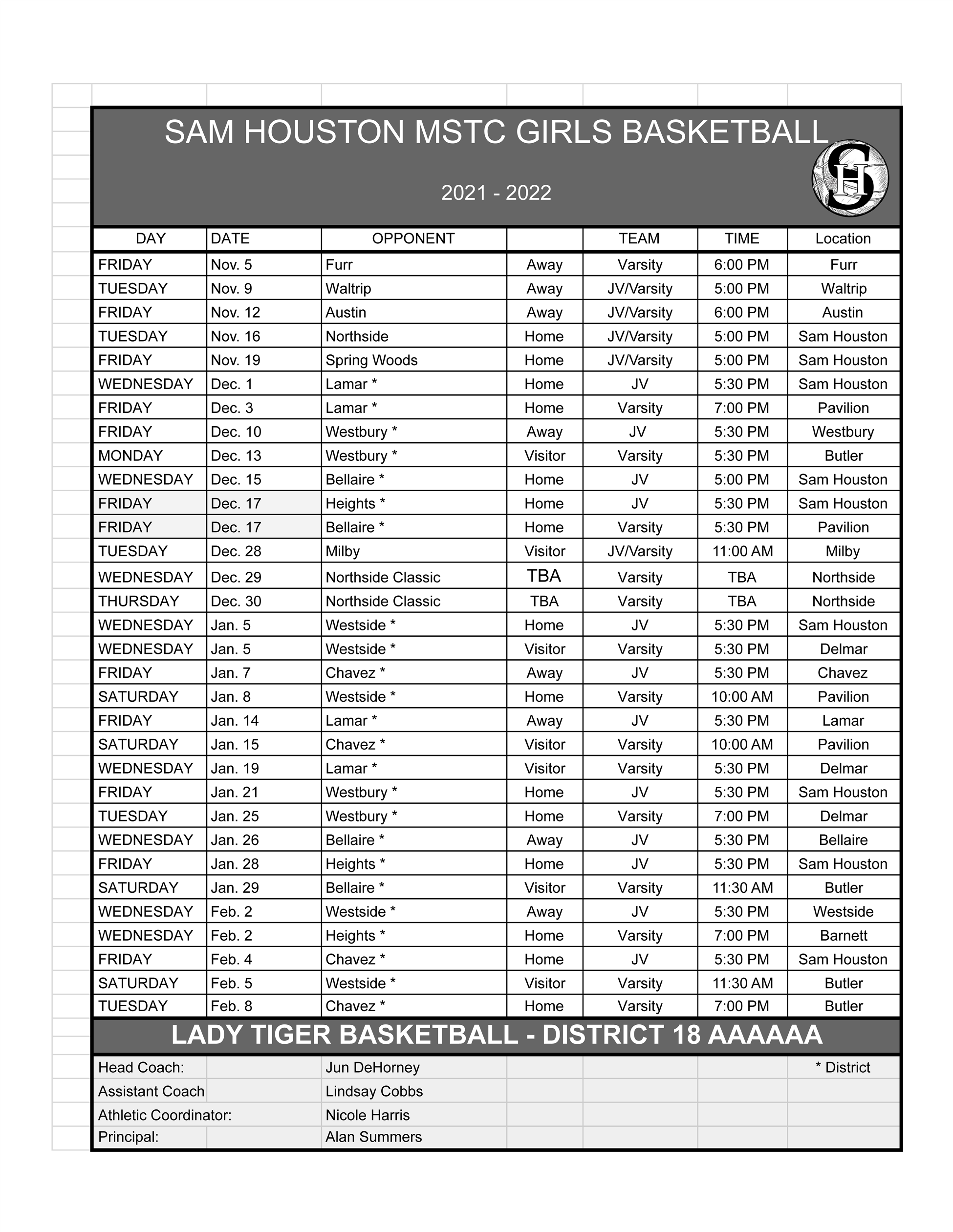 Sam Houston Girls Basketball Schedule 2021 2022 